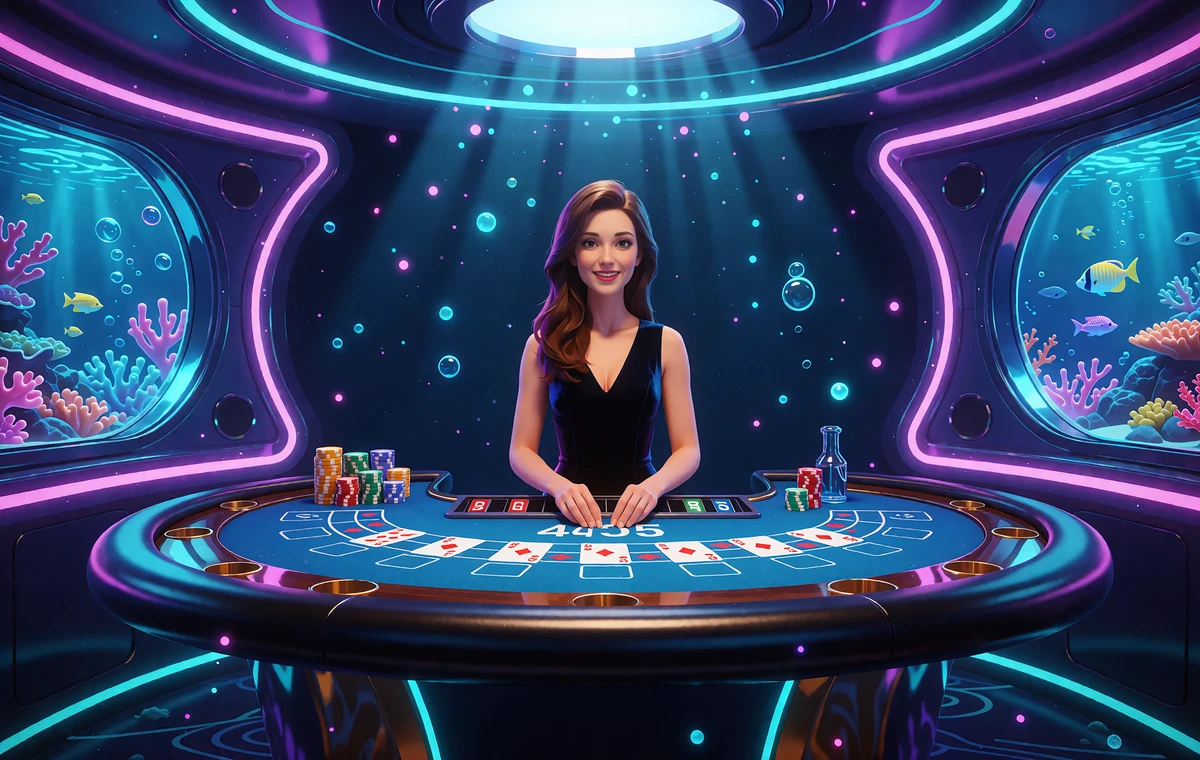 Krupierka przy niebieskim stole do kart w podwodnym studiu live casino Fugu Casino z akwariami i neonami