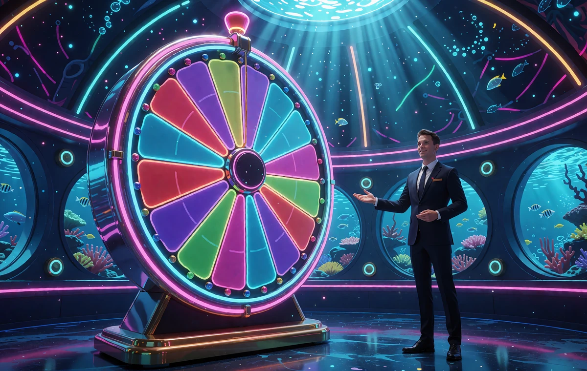 Prowadzący w ciemnym garniturze przy dużym kole fortuny w podwodnym studiu live casino Fugu Casino